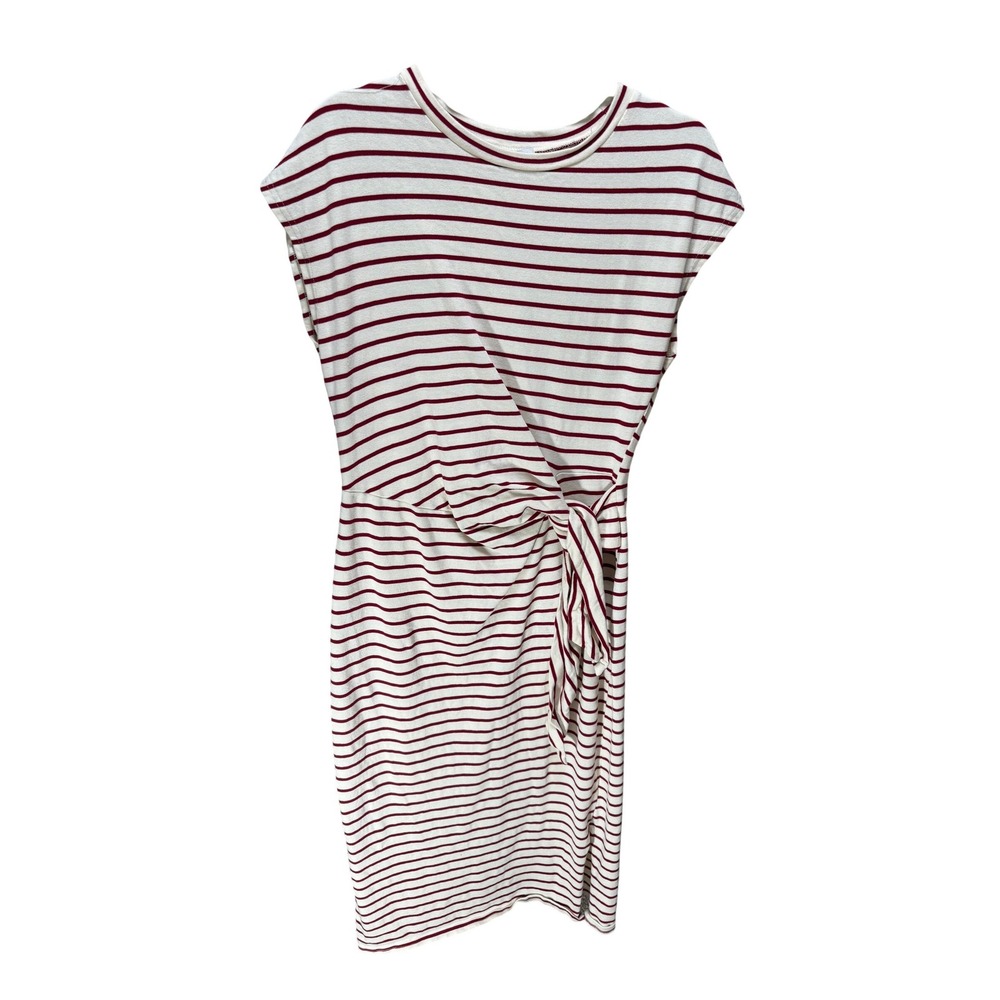 Miou Muse Dress Size Medium Cream Burgundy Striped Side Tie Midi Cotton Summer